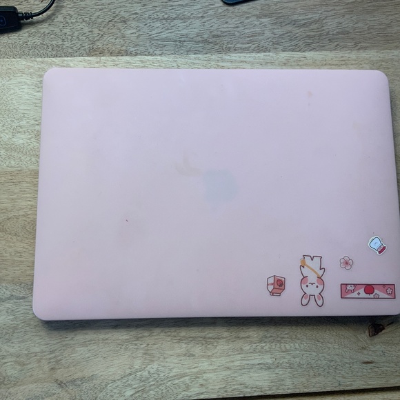 Pink MacBook with pink case and Apple mouse